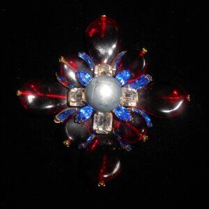 Hattie Carnegie Poured Red like Gripoix and Rhinestone Cruiciform Design Brooch